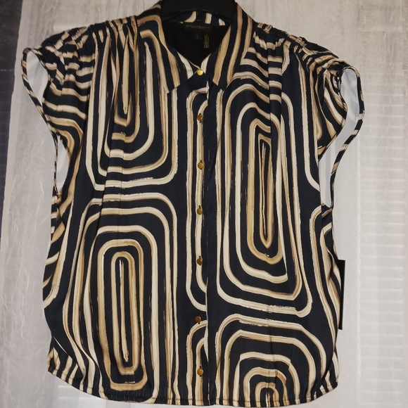 Donna Karan New York short sleeve blouse, cream/taupe/brown, unique, size L - Picture 7 of 8